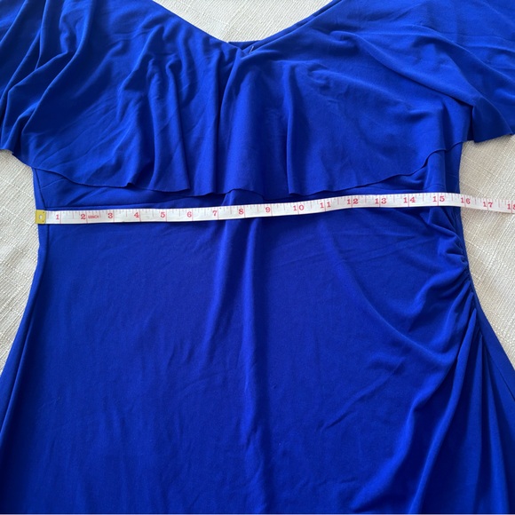 Connected Apparel Blue Off Shoulder Ruffle Dress Ruched Side Size 14P - Picture 5 of 7